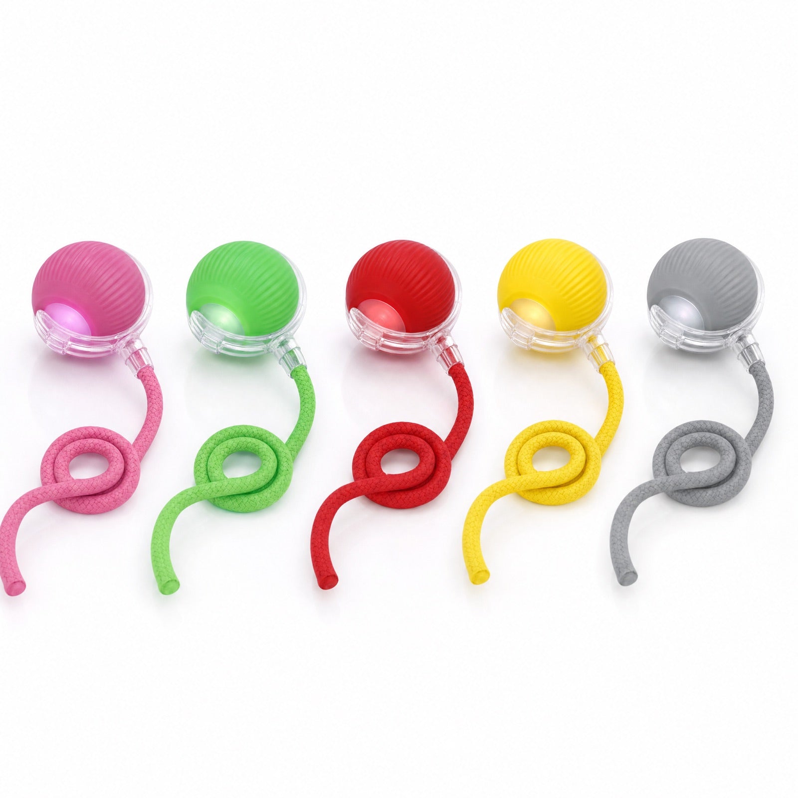 Parallel Paws Smart Chase Ball in pink, green, red, yellow, and gray